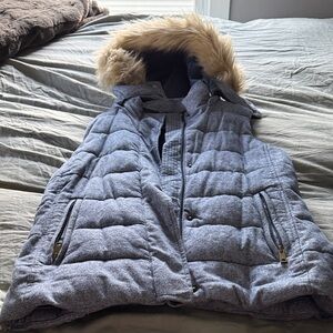 Banana Republic Blue Puffer Jacket with Faux Fur Hood